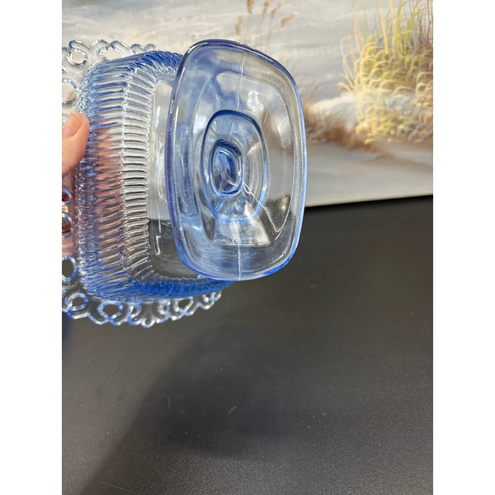 Vintage Indiana Glass Candy Dish & Lid Footed Pedestal Blue Ribbed Lace Edge - Picture 7 of 10